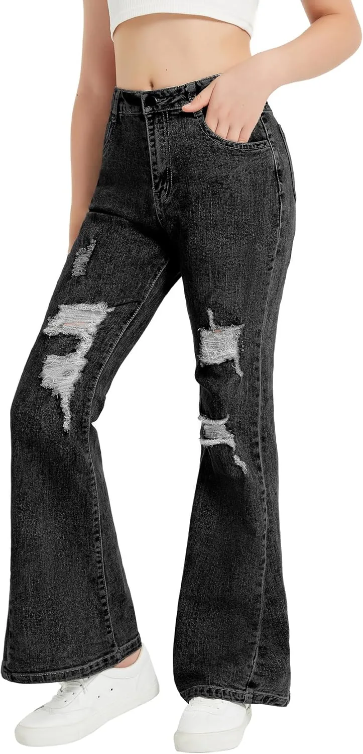 EXARUS Girls Flare Jeans Bell Bottom Full Length Denim Flared Pants Kids Mid Rise Elastic Band with Pockets
