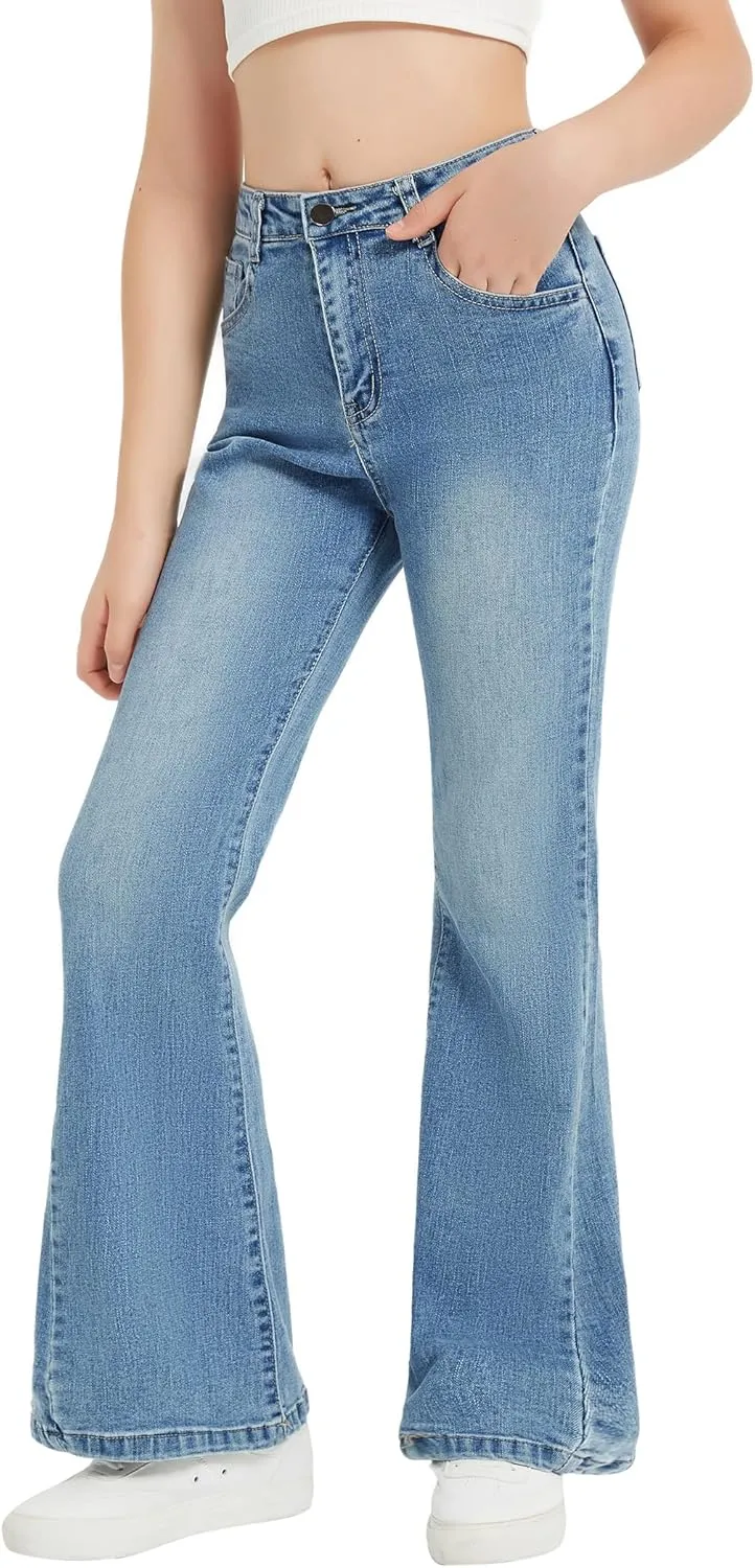 EXARUS Girls Flare Jeans Bell Bottom Full Length Denim Flared Pants Kids Mid Rise Elastic Band with Pockets