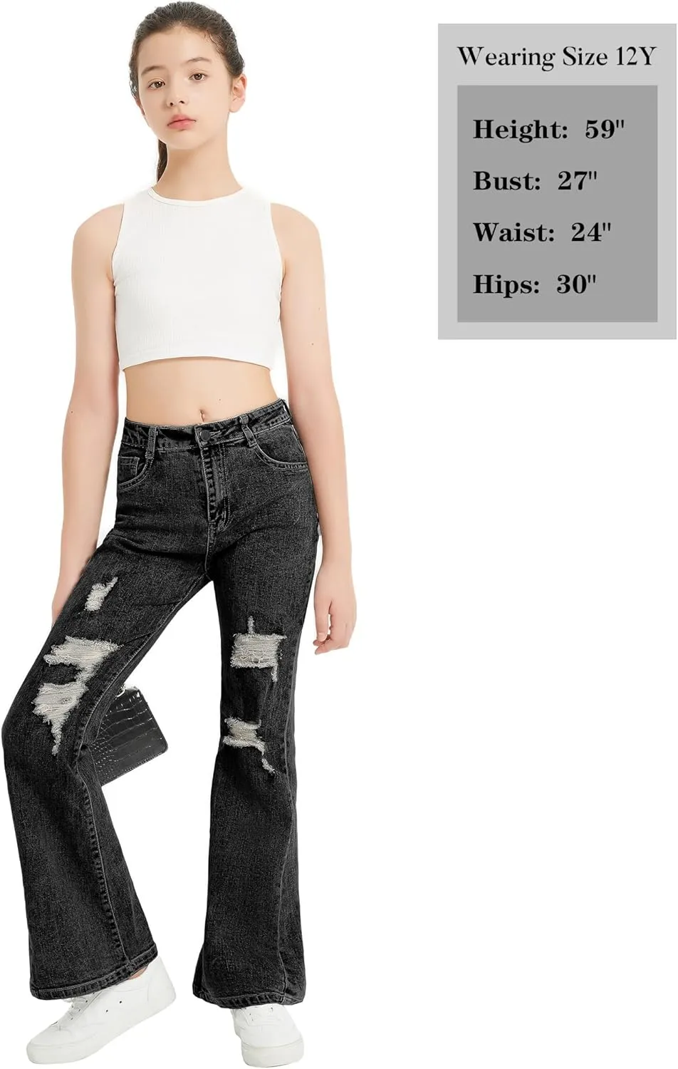 EXARUS Girls Flare Jeans Bell Bottom Full Length Denim Flared Pants Kids Mid Rise Elastic Band with Pockets