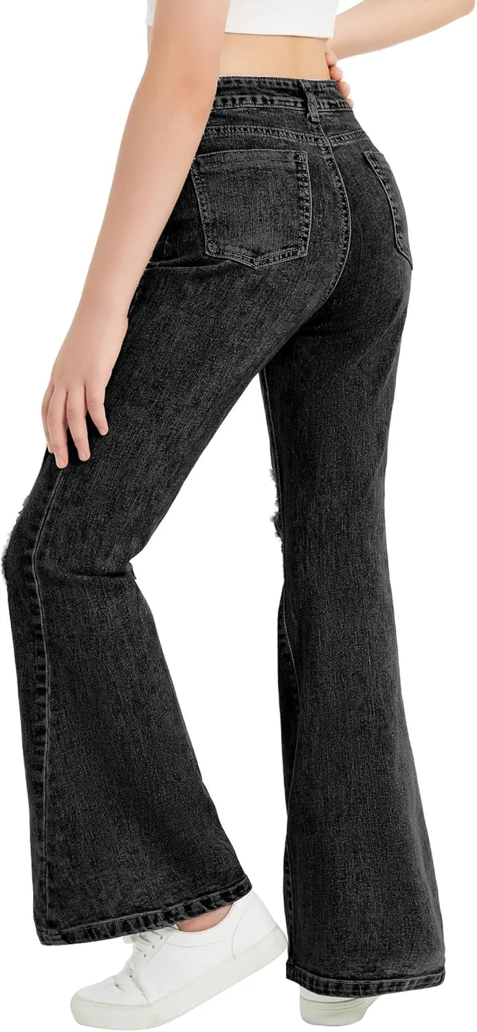 EXARUS Girls Flare Jeans Bell Bottom Full Length Denim Flared Pants Kids Mid Rise Elastic Band with Pockets