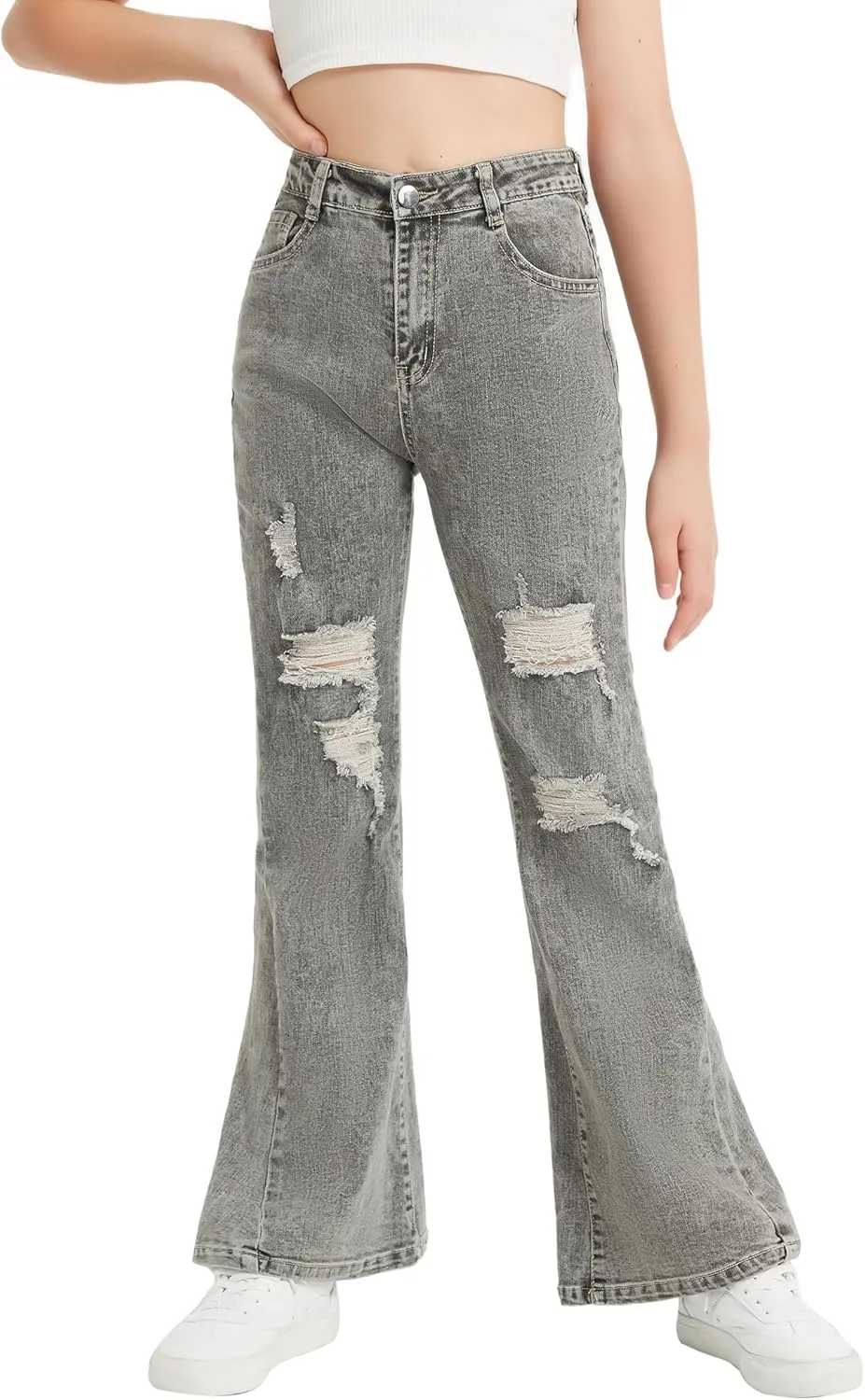 EXARUS Girls Flare Jeans Bell Bottom Full Length Denim Flared Pants Kids Mid Rise Elastic Band with Pockets