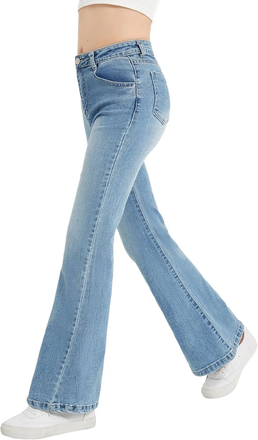 EXARUS Girls Flare Jeans Bell Bottom Full Length Denim Flared Pants Kids Mid Rise Elastic Band with Pockets