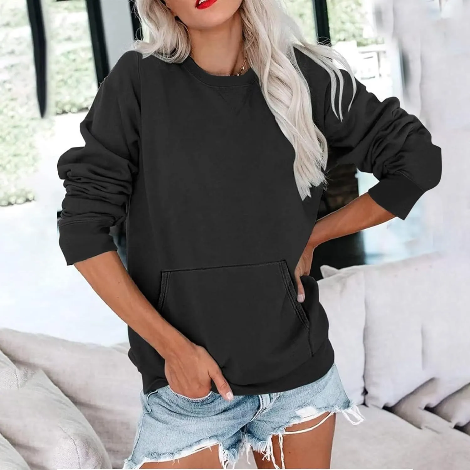 Fall Sweatshirts for Women 2023 Solid Color Long Sleeve Crewneck Pullover Casual Tops with Pocket Loose Comfy Shirts