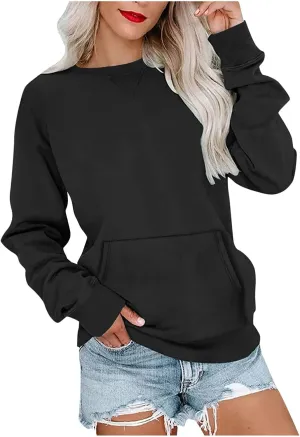 Fall Sweatshirts for Women 2023 Solid Color Long Sleeve Crewneck Pullover Casual Tops with Pocket Loose Comfy Shirts