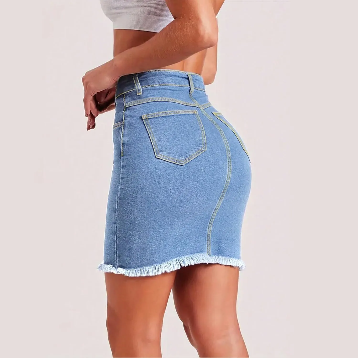 fanmpghleoo Jean Skirts for Women Denim Raw Hem Short Pencil Skirt Summer Casual Curvy High Waisted Denim Skirt with Pockets