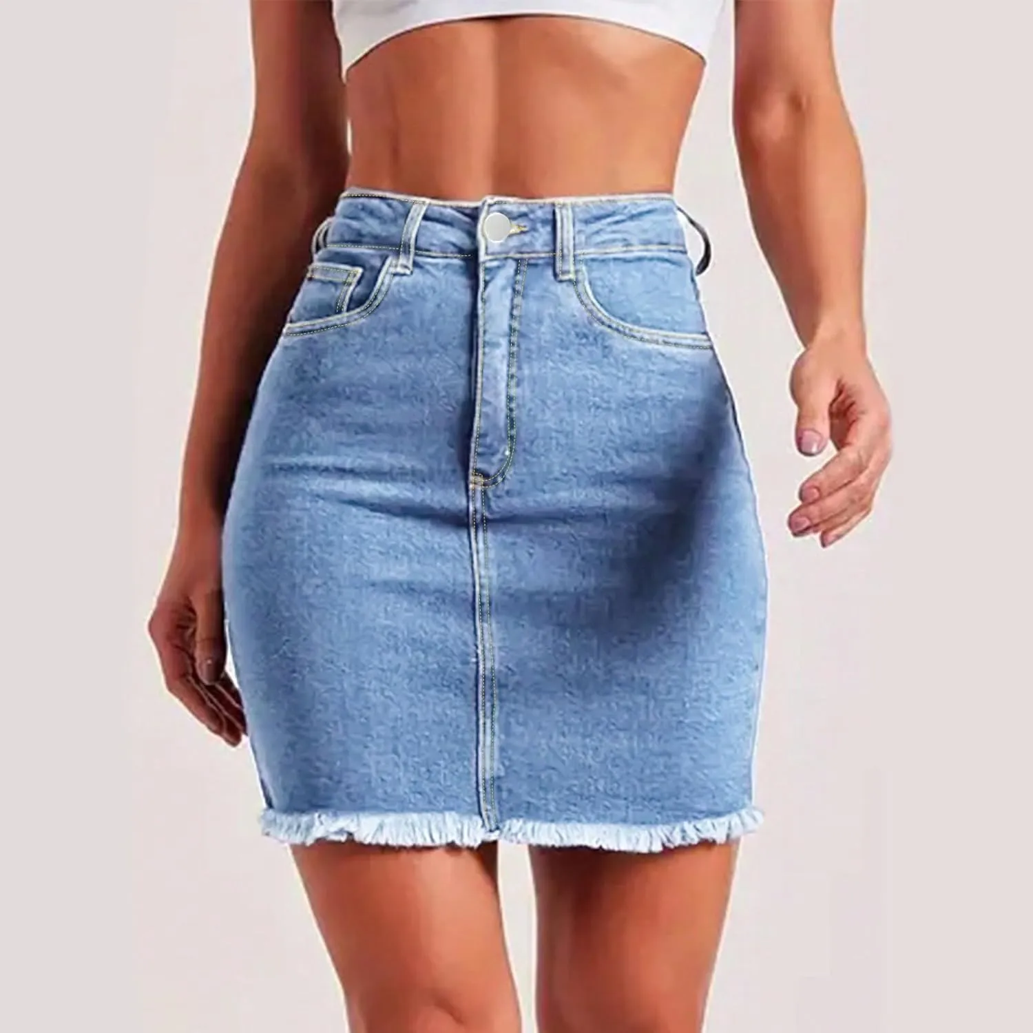 fanmpghleoo Jean Skirts for Women Denim Raw Hem Short Pencil Skirt Summer Casual Curvy High Waisted Denim Skirt with Pockets