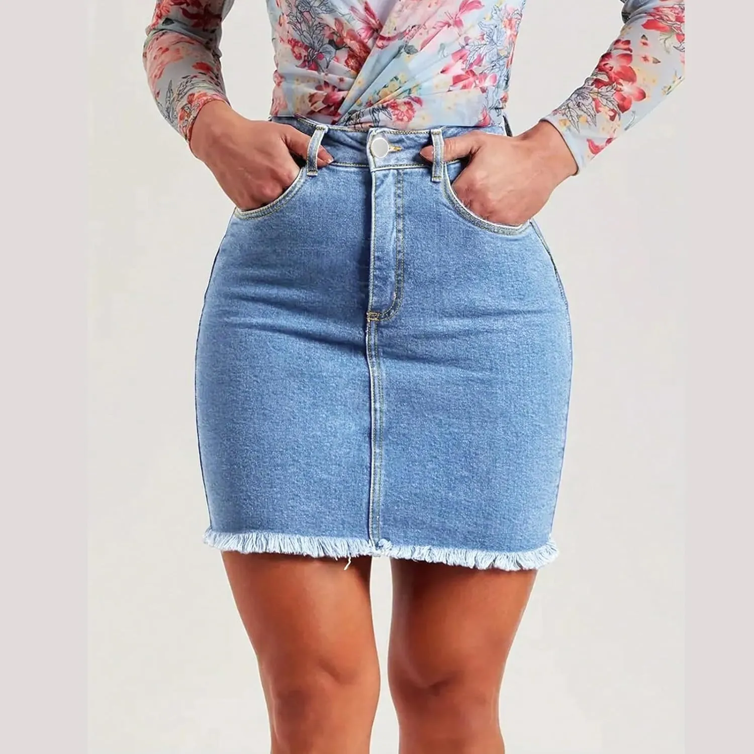 fanmpghleoo Jean Skirts for Women Denim Raw Hem Short Pencil Skirt Summer Casual Curvy High Waisted Denim Skirt with Pockets