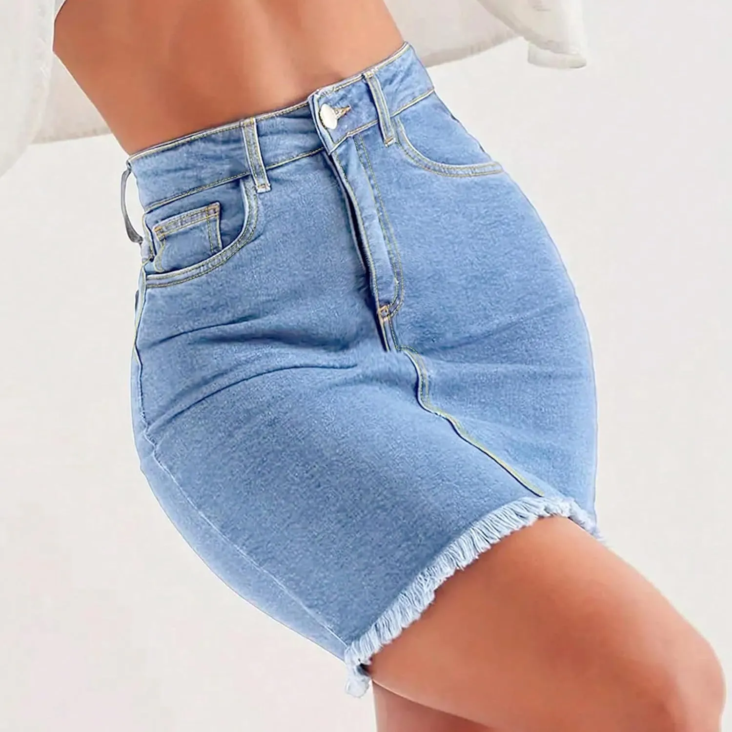 fanmpghleoo Jean Skirts for Women Denim Raw Hem Short Pencil Skirt Summer Casual Curvy High Waisted Denim Skirt with Pockets