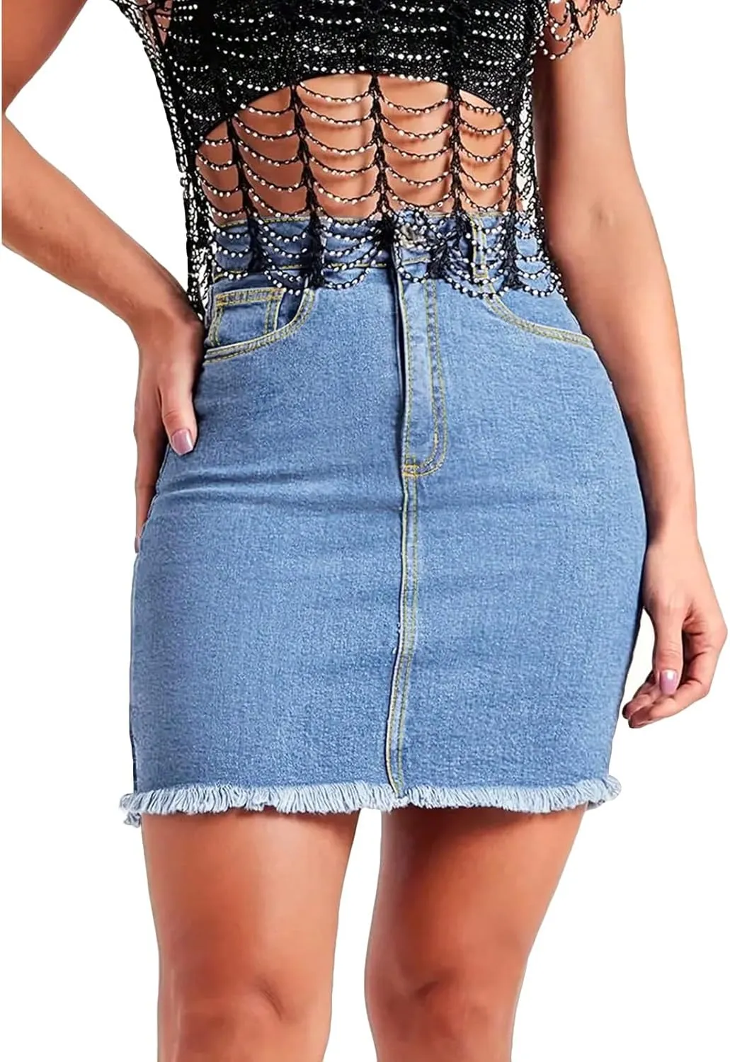 fanmpghleoo Jean Skirts for Women Denim Raw Hem Short Pencil Skirt Summer Casual Curvy High Waisted Denim Skirt with Pockets