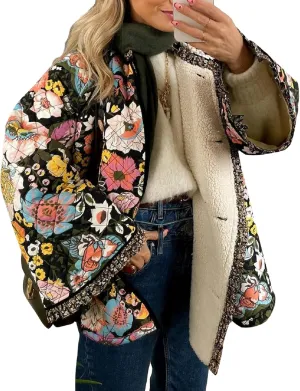Faretumiya Women Open Front Puffer Jacket Vinatge Floral Crop Quilted Cardigan Y2k Patchwork Padded Coat Streetwear