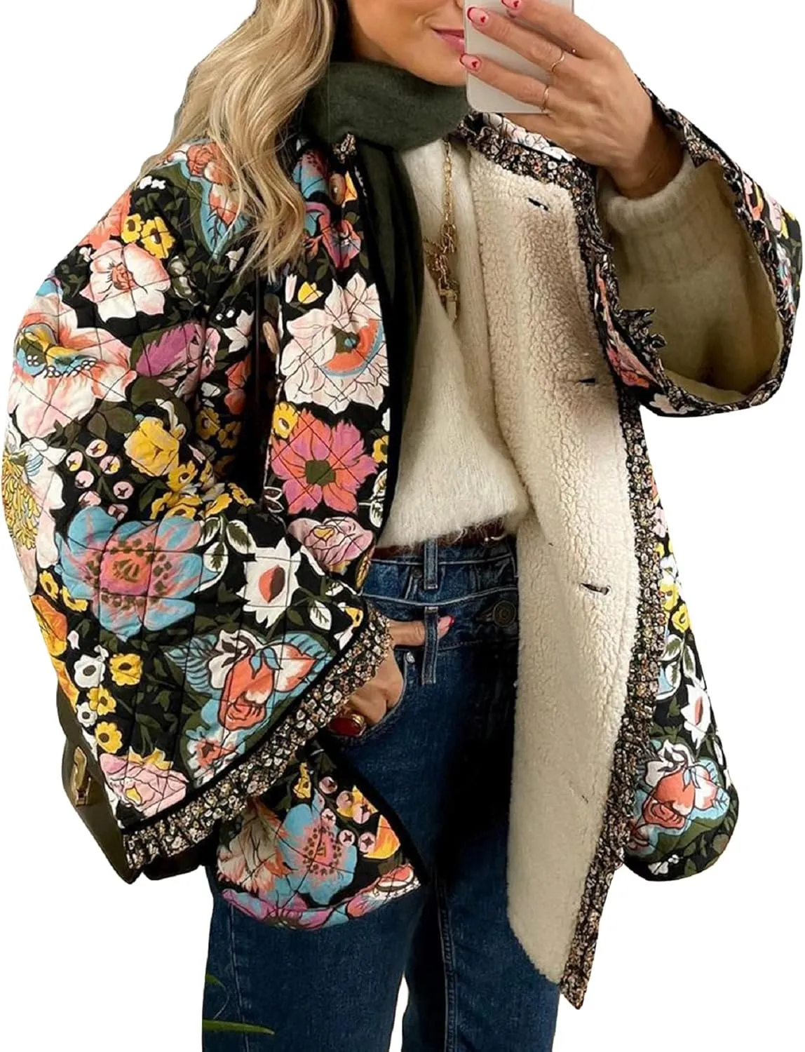 Faretumiya Women Open Front Puffer Jacket Vinatge Floral Crop Quilted Cardigan Y2k Patchwork Padded Coat Streetwear