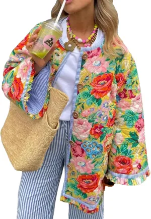 Faretumiya Women Open Front Puffer Jacket Vinatge Floral Crop Quilted Cardigan Y2k Patchwork Padded Coat Streetwear