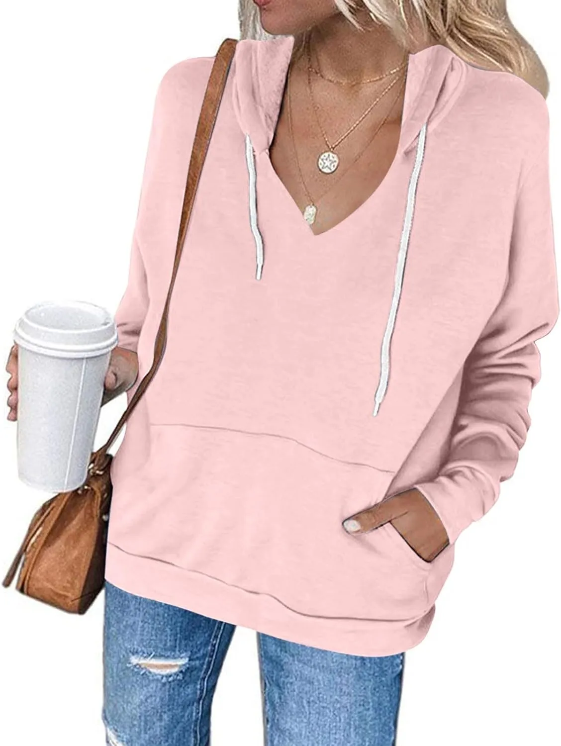 Fashion Hooded Tops for Women Oversized Hoodies Sweatshirts V Neck Long Sleeve Pullover Shirts Loose Fit Sweater