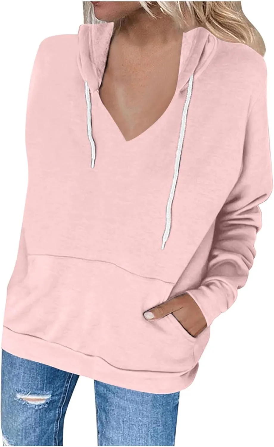 Fashion Hooded Tops for Women Oversized Hoodies Sweatshirts V Neck Long Sleeve Pullover Shirts Loose Fit Sweater