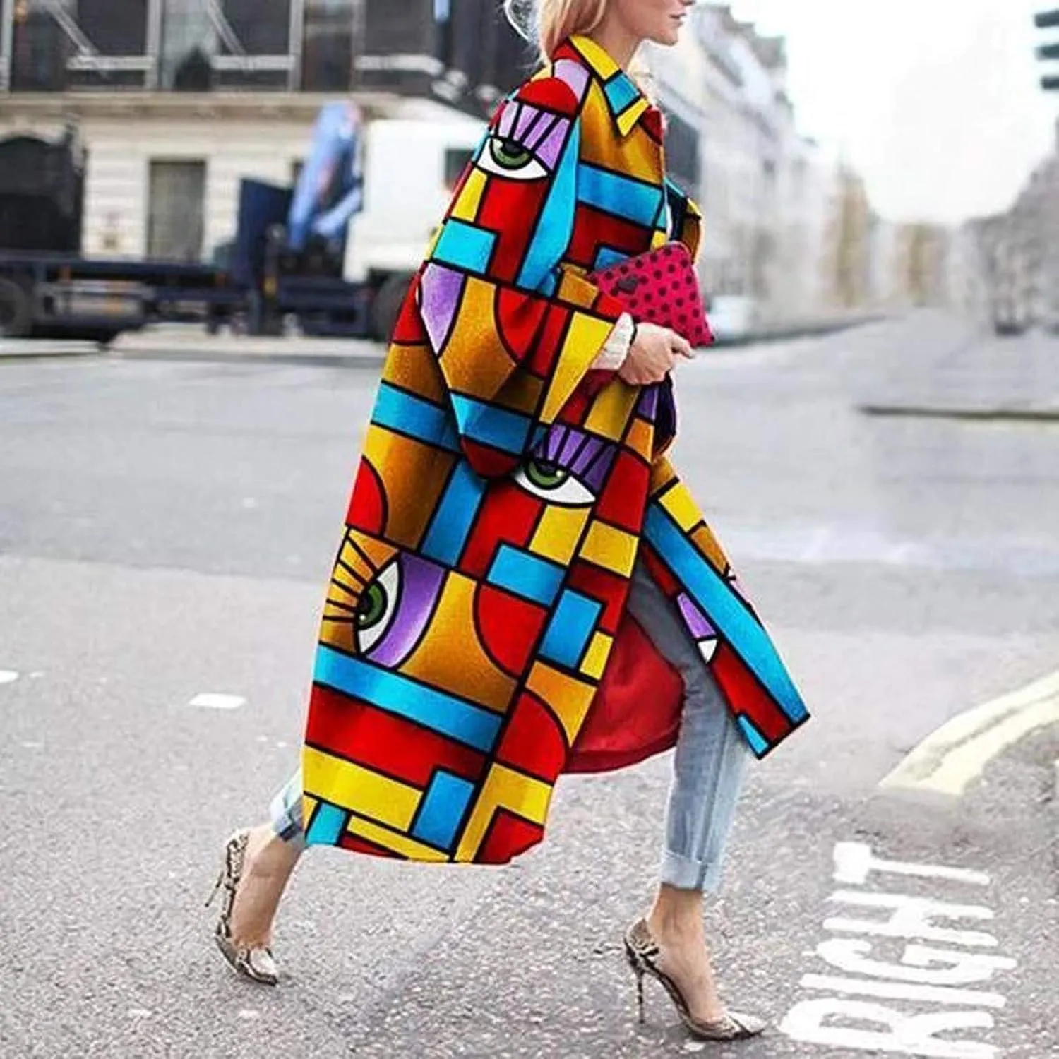 Fashion Women Printed Pocket Jacket Outerwear Cardigan Overcoat Long Trench Coat