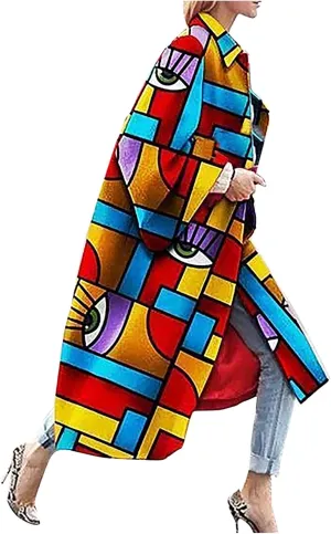 Fashion Women Printed Pocket Jacket Outerwear Cardigan Overcoat Long Trench Coat