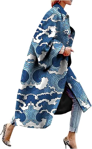 Fashion Women Printed Pocket Jacket Outerwear Cardigan Overcoat Long Trench Coat