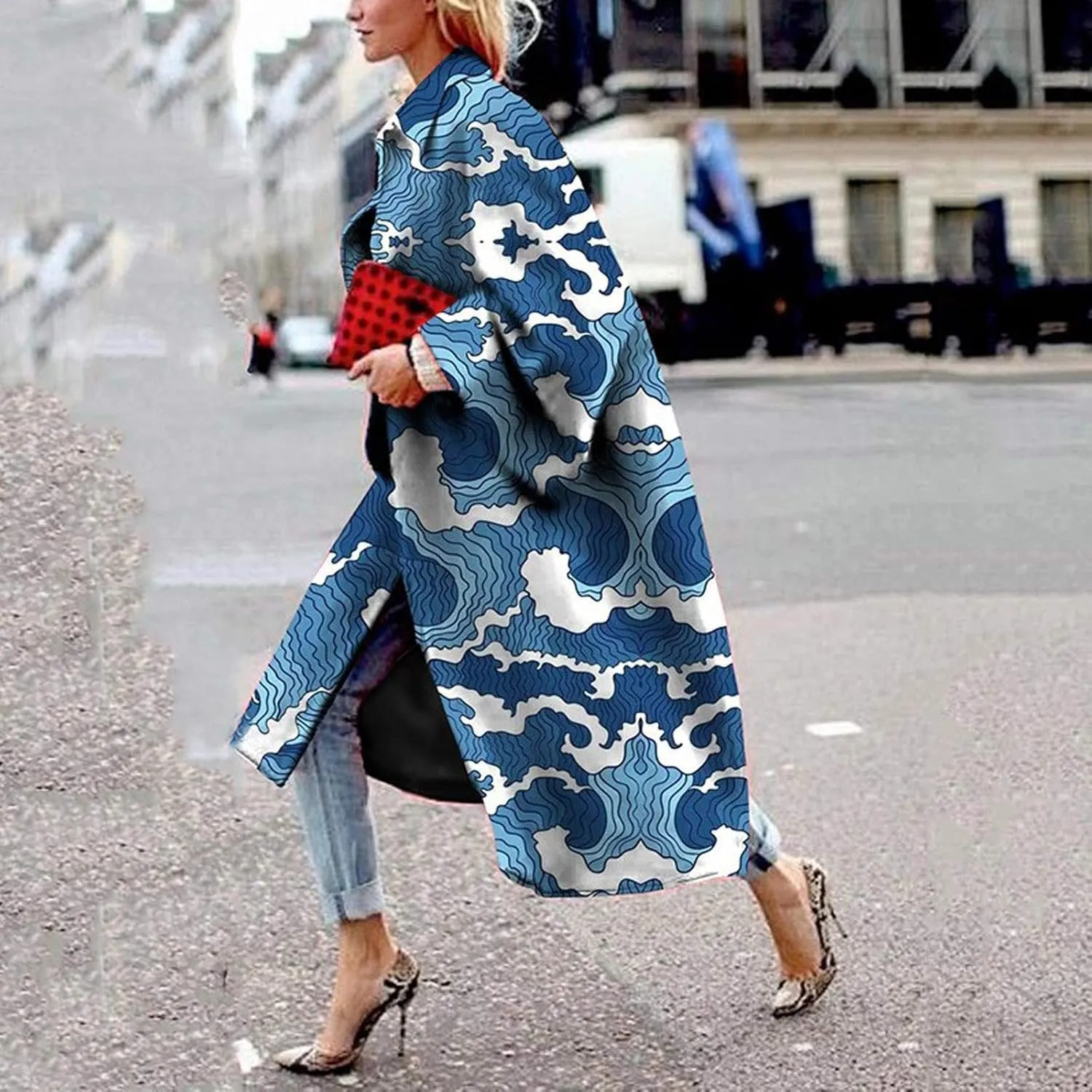 Fashion Women Printed Pocket Jacket Outerwear Cardigan Overcoat Long Trench Coat