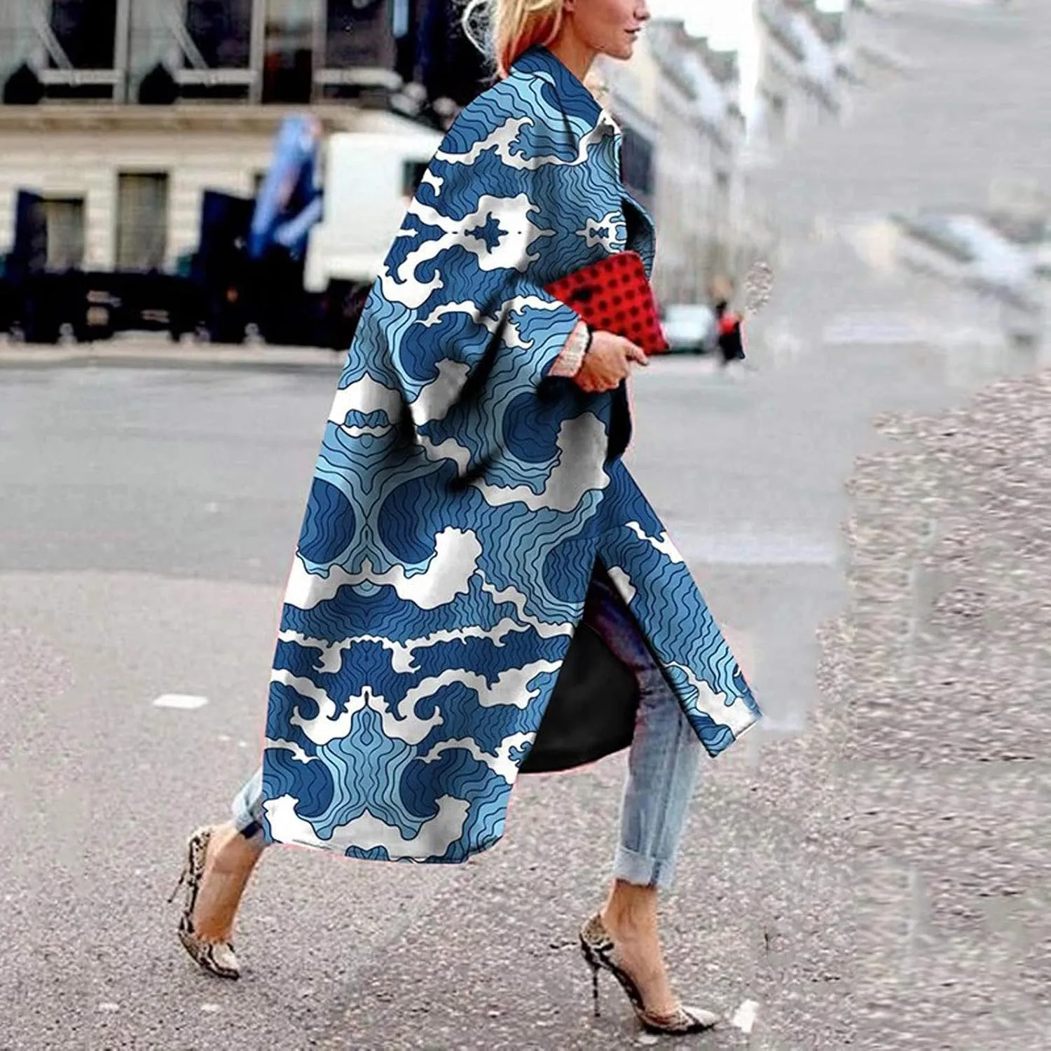 Fashion Women Printed Pocket Jacket Outerwear Cardigan Overcoat Long Trench Coat