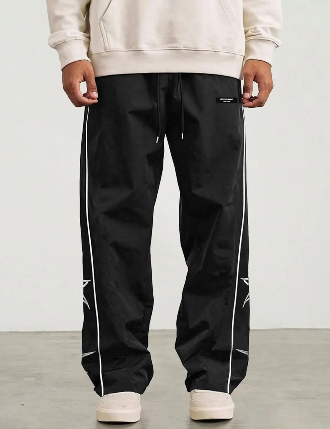 FCOOLYEET Men's Star Pants Y2K Wide Leg Graphic Sweatpants Baggy Striped Pant Lightweight Drawstring Track Pants