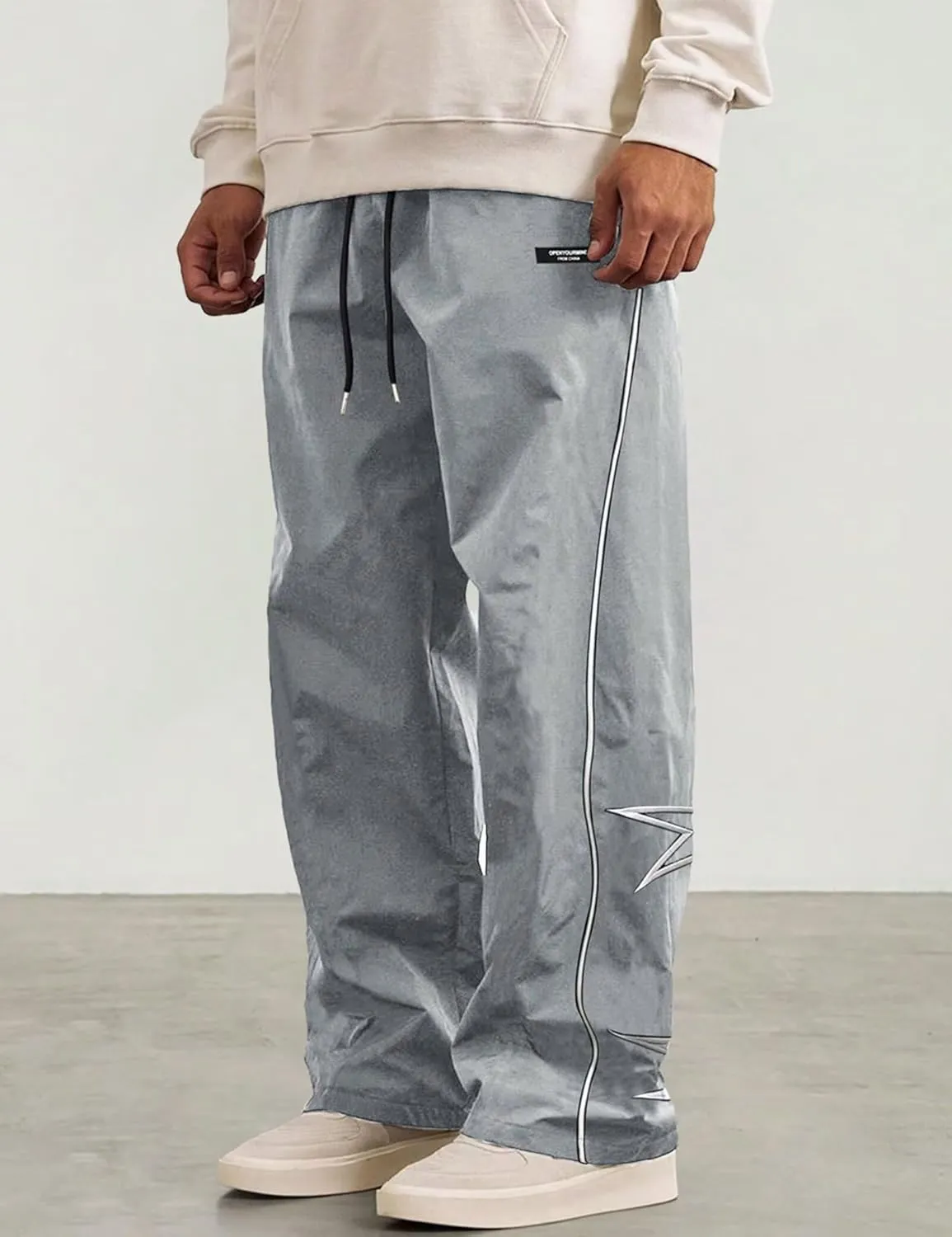 FCOOLYEET Men's Star Pants Y2K Wide Leg Graphic Sweatpants Baggy Striped Pant Lightweight Drawstring Track Pants