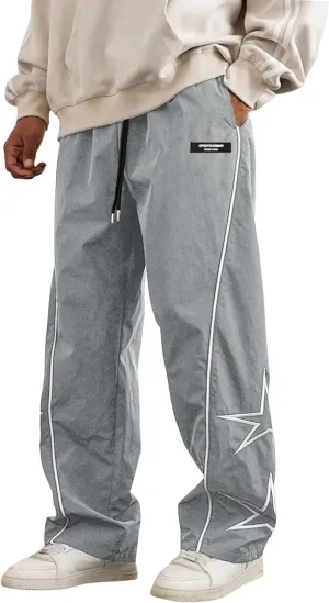 FCOOLYEET Men's Star Pants Y2K Wide Leg Graphic Sweatpants Baggy Striped Pant Lightweight Drawstring Track Pants