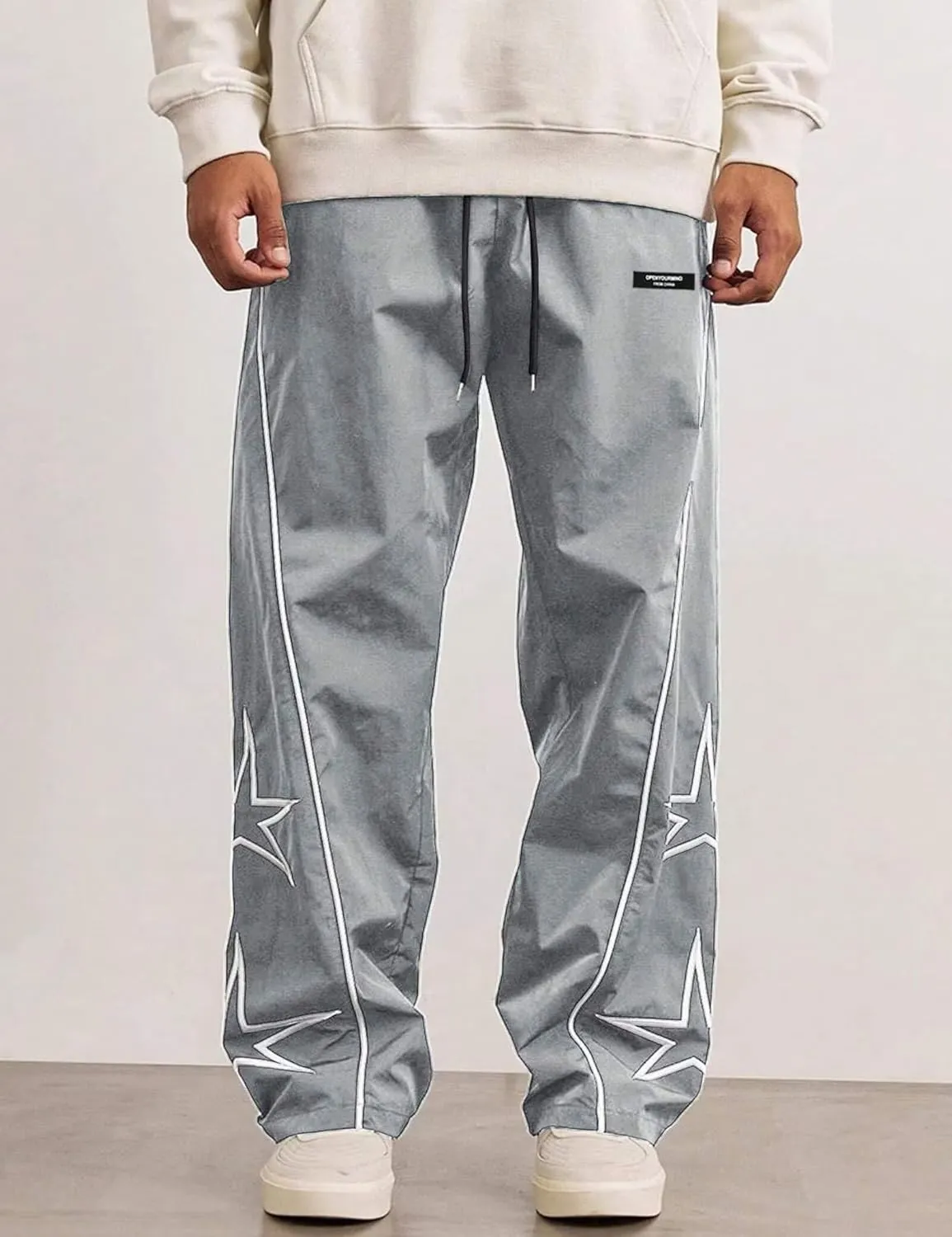 FCOOLYEET Men's Star Pants Y2K Wide Leg Graphic Sweatpants Baggy Striped Pant Lightweight Drawstring Track Pants