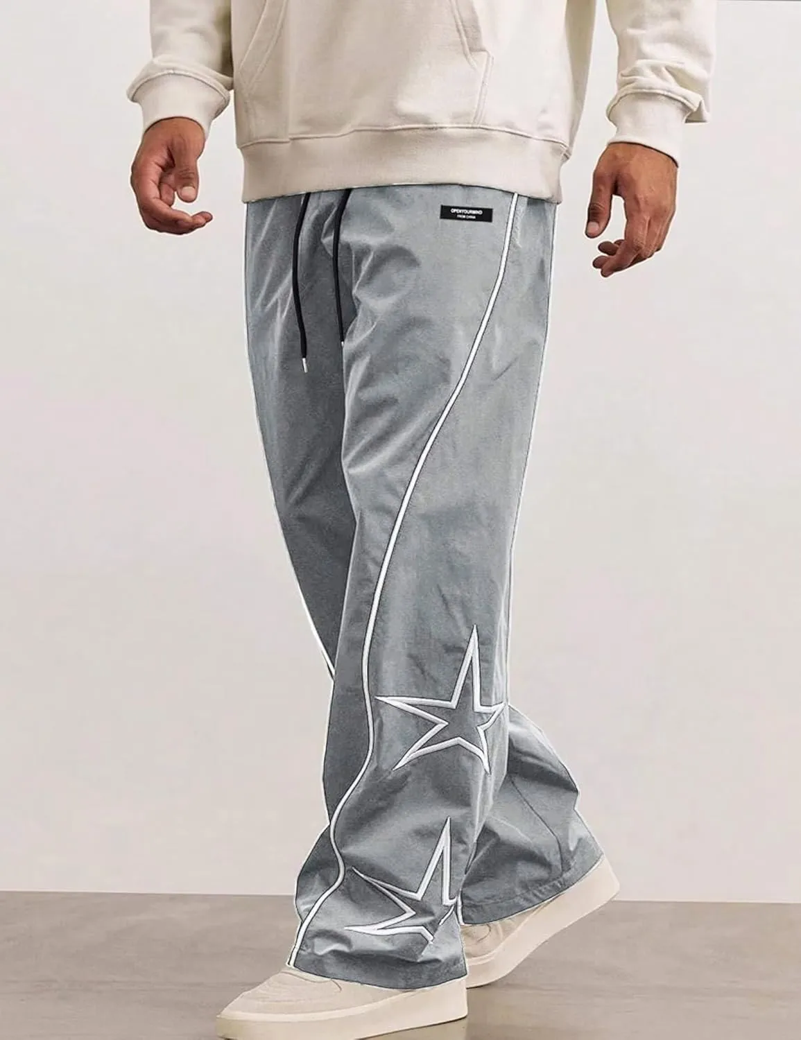 FCOOLYEET Men's Star Pants Y2K Wide Leg Graphic Sweatpants Baggy Striped Pant Lightweight Drawstring Track Pants