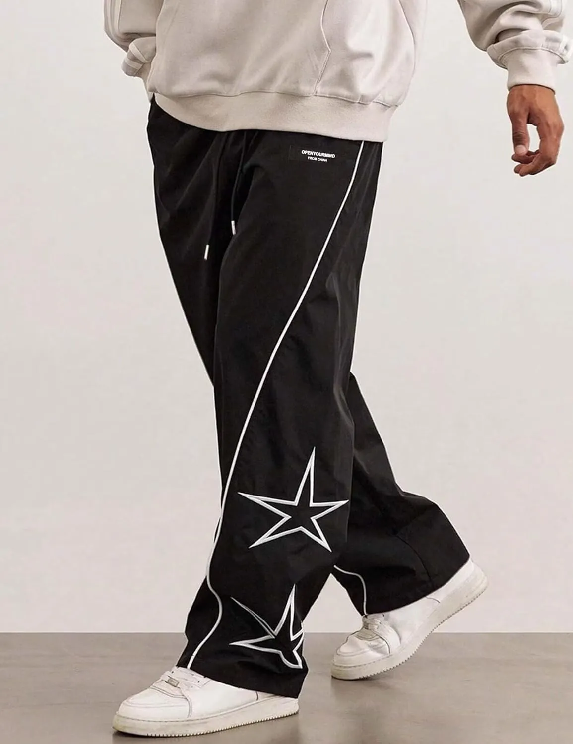FCOOLYEET Men's Star Pants Y2K Wide Leg Graphic Sweatpants Baggy Striped Pant Lightweight Drawstring Track Pants