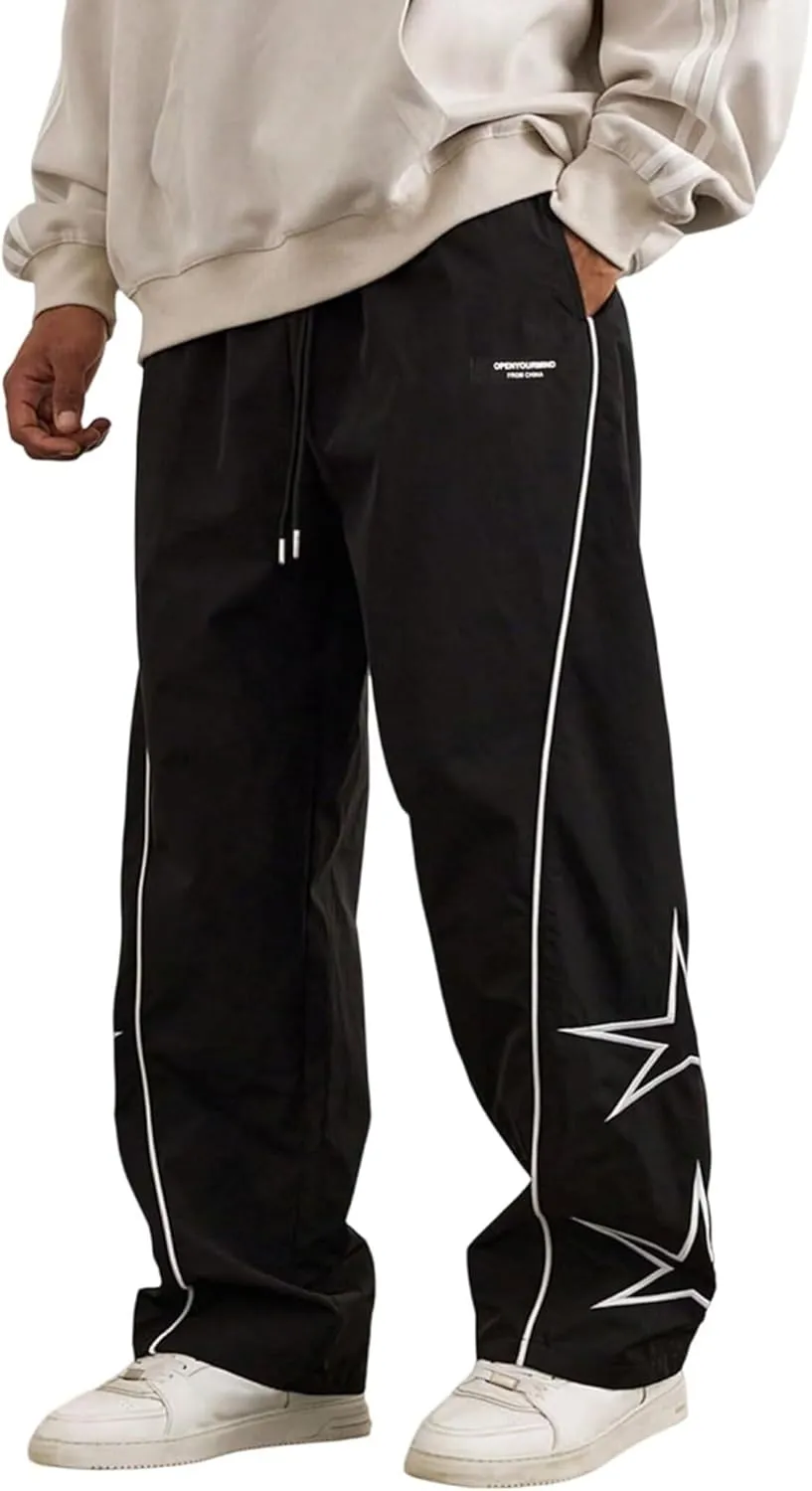 FCOOLYEET Men's Star Pants Y2K Wide Leg Graphic Sweatpants Baggy Striped Pant Lightweight Drawstring Track Pants
