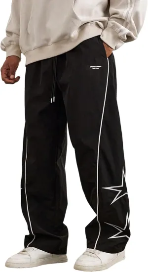 FCOOLYEET Men's Star Pants Y2K Wide Leg Graphic Sweatpants Baggy Striped Pant Lightweight Drawstring Track Pants
