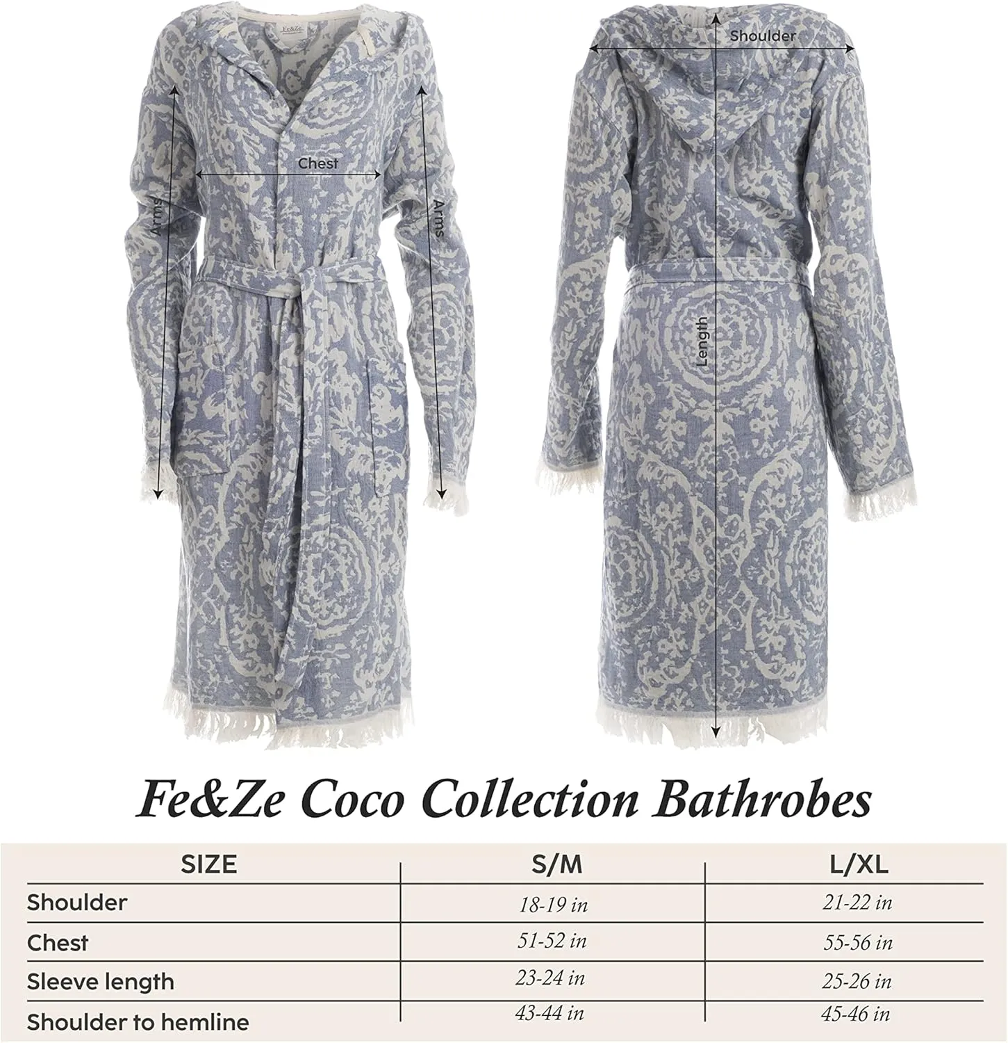 Fe&Ze Linen Turkish Hooded Bathrobe - Coco Collection - 100% Cotton Unisex Kimono Robe