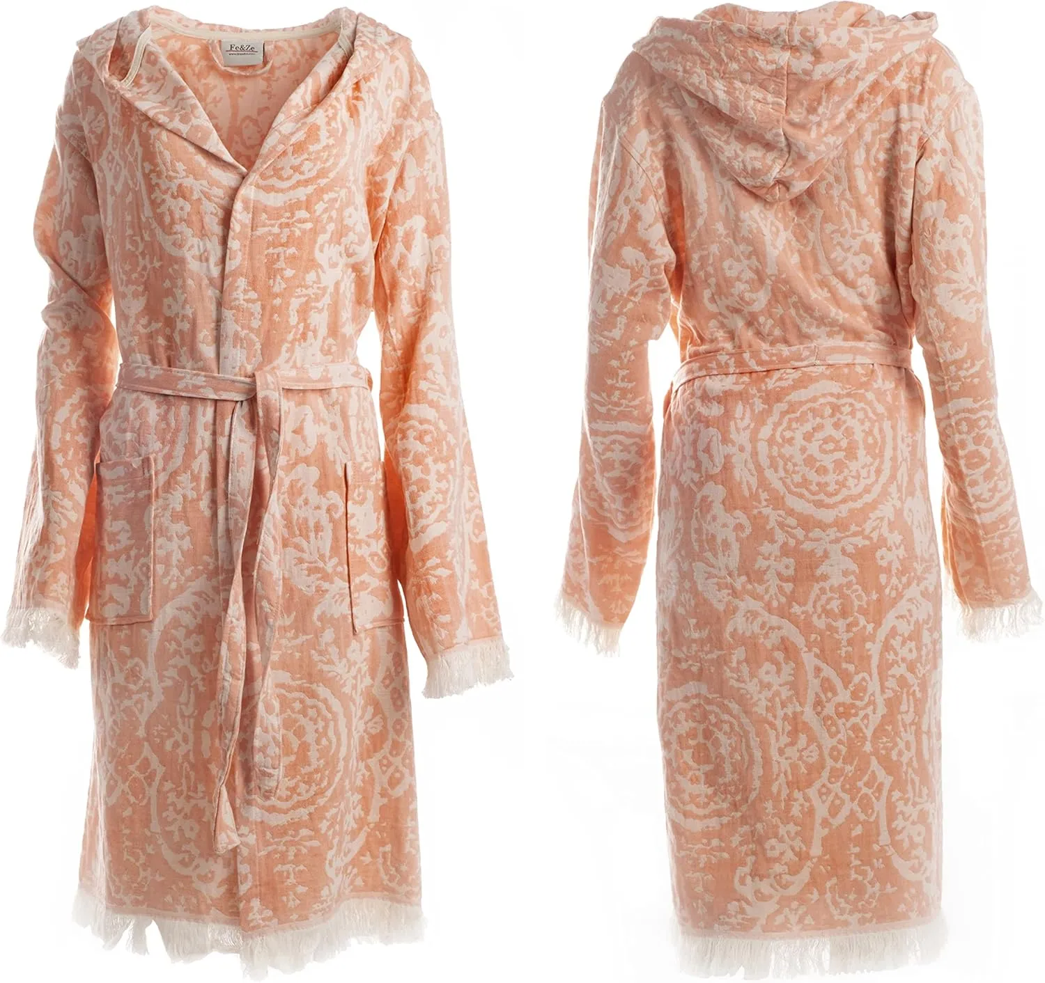 Fe&Ze Linen Turkish Hooded Bathrobe - Coco Collection - 100% Cotton Unisex Kimono Robe