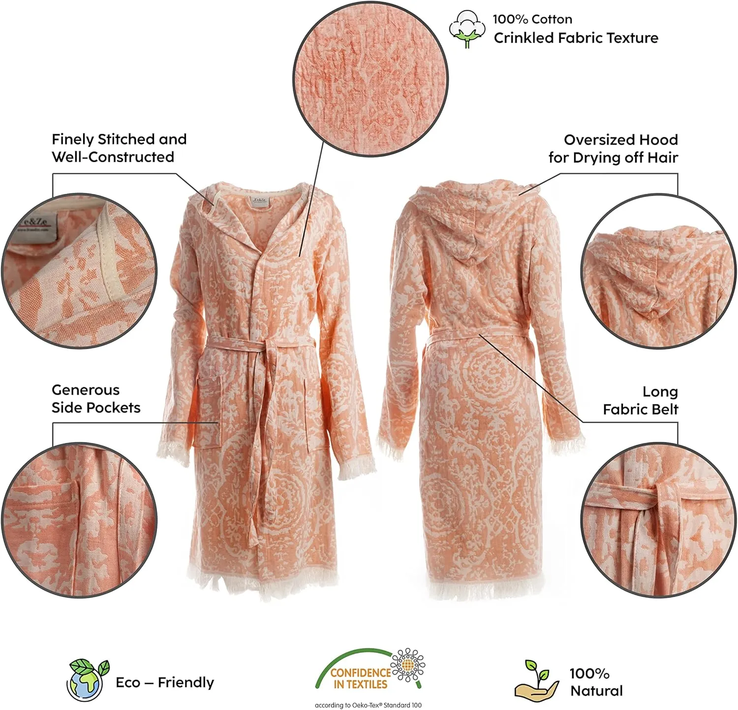 Fe&Ze Linen Turkish Hooded Bathrobe - Coco Collection - 100% Cotton Unisex Kimono Robe