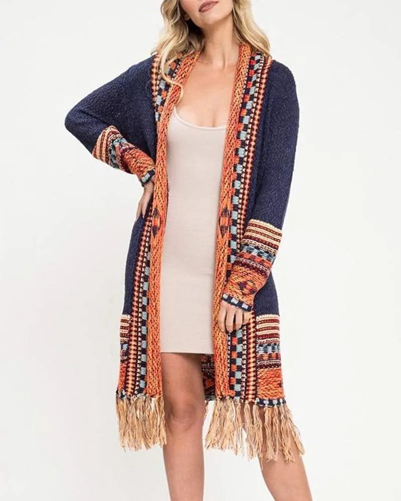 FERBIA Women Boho Cardigan Sweater Long Open Front Maxi Knit Sweaters Aztec Tribal Tassel Fringe Thin Coat