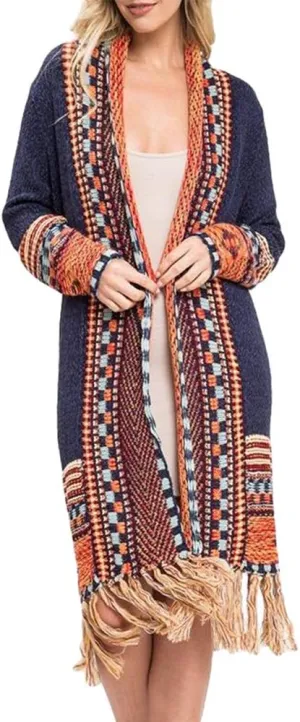 FERBIA Women Boho Cardigan Sweater Long Open Front Maxi Knit Sweaters Aztec Tribal Tassel Fringe Thin Coat