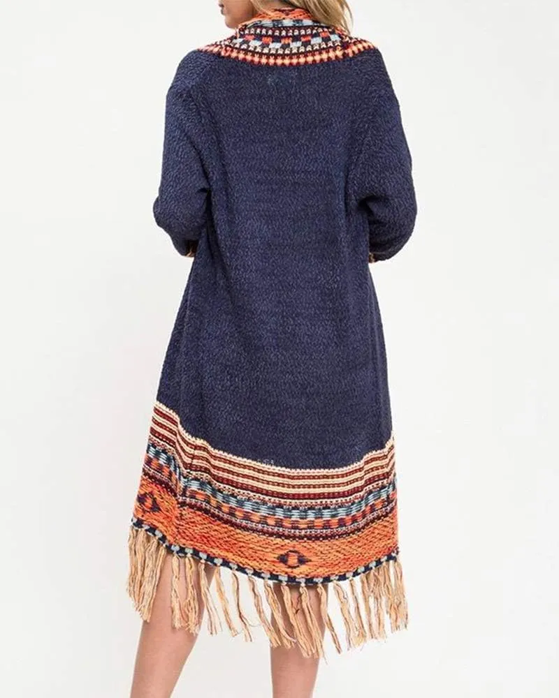 FERBIA Women Boho Cardigan Sweater Long Open Front Maxi Knit Sweaters Aztec Tribal Tassel Fringe Thin Coat