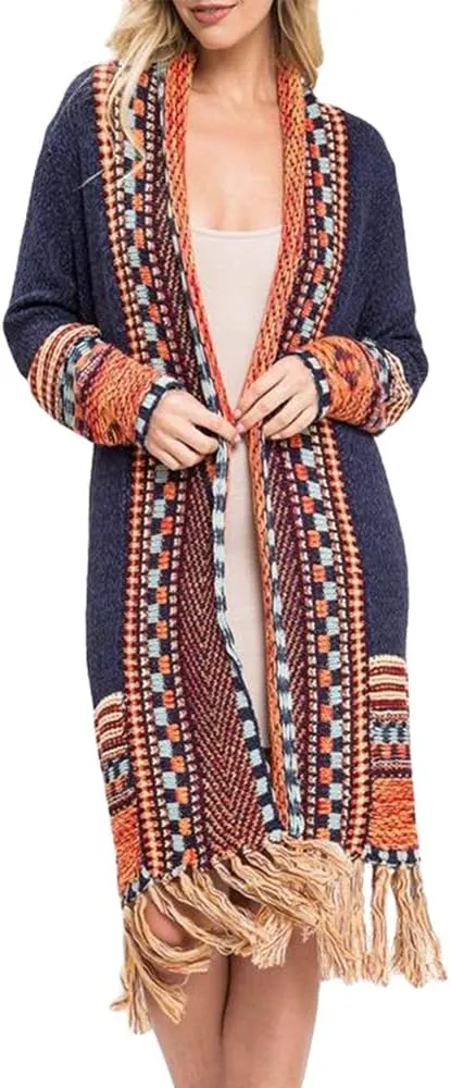 FERBIA Women Boho Cardigan Sweater Long Open Front Maxi Knit Sweaters Aztec Tribal Tassel Fringe Thin Coat