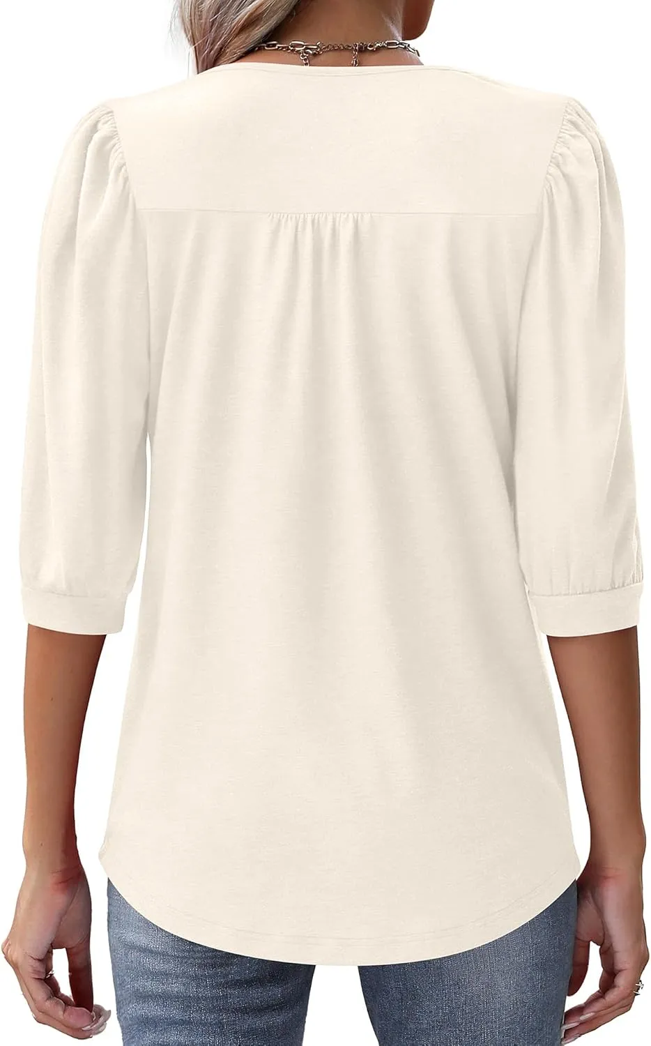 Ficerd Women's Puff 3/4 Sleeve Tops Trendy Crew Neck Tunic Top Pleated Casual Loose Dressy T Shirts Blouses