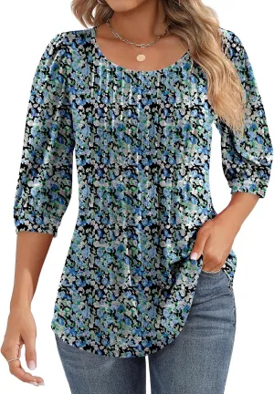 Ficerd Women's Puff 3/4 Sleeve Tops Trendy Crew Neck Tunic Top Pleated Casual Loose Dressy T Shirts Blouses