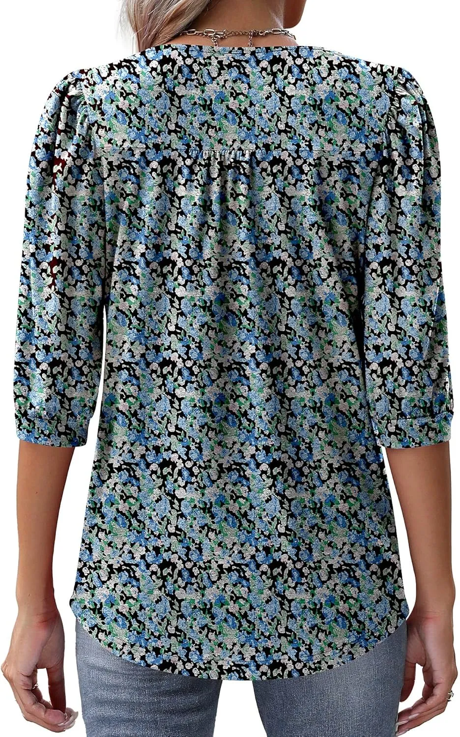 Ficerd Women's Puff 3/4 Sleeve Tops Trendy Crew Neck Tunic Top Pleated Casual Loose Dressy T Shirts Blouses