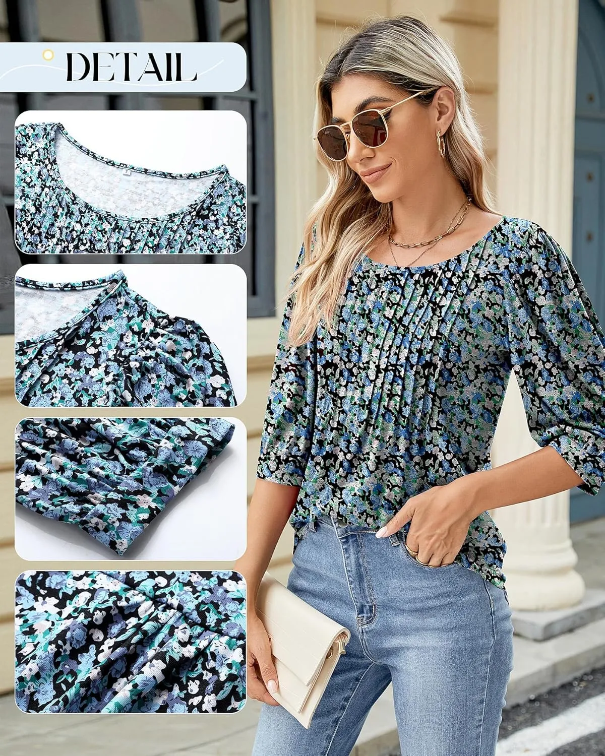 Ficerd Women's Puff 3/4 Sleeve Tops Trendy Crew Neck Tunic Top Pleated Casual Loose Dressy T Shirts Blouses