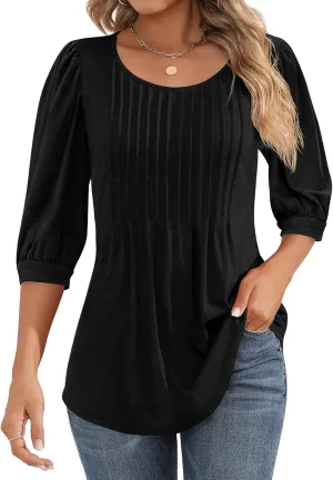 Ficerd Women's Puff 3/4 Sleeve Tops Trendy Crew Neck Tunic Top Pleated Casual Loose Dressy T Shirts Blouses