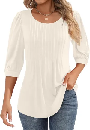 Ficerd Women's Puff 3/4 Sleeve Tops Trendy Crew Neck Tunic Top Pleated Casual Loose Dressy T Shirts Blouses