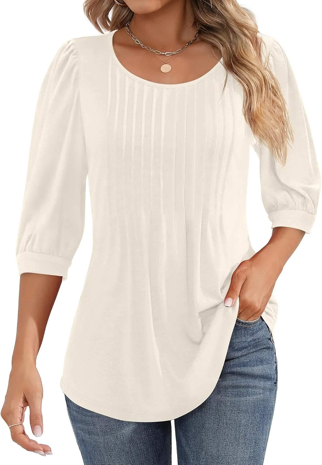 Ficerd Women's Puff 3/4 Sleeve Tops Trendy Crew Neck Tunic Top Pleated Casual Loose Dressy T Shirts Blouses