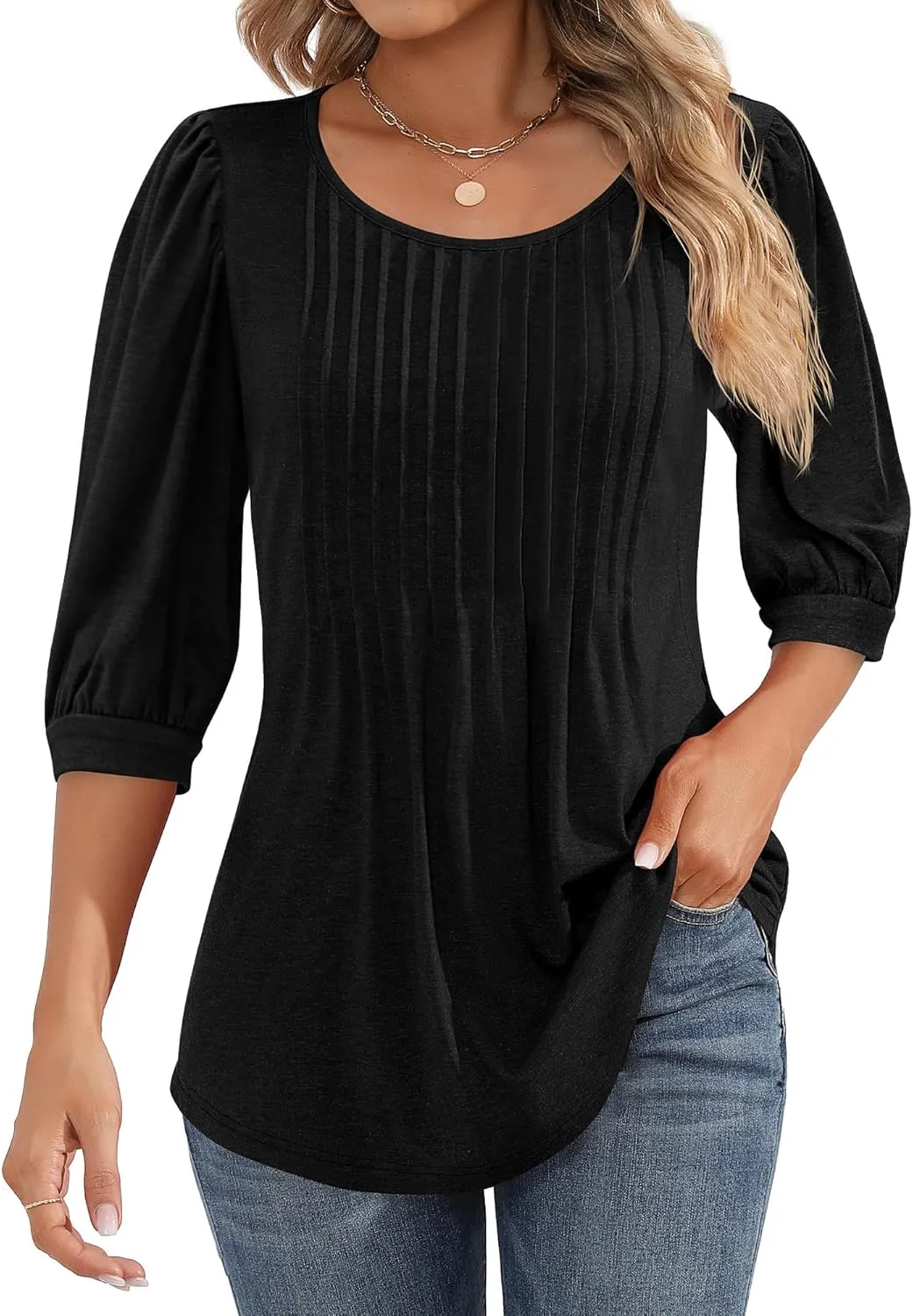 Ficerd Women's Puff 3/4 Sleeve Tops Trendy Crew Neck Tunic Top Pleated Casual Loose Dressy T Shirts Blouses