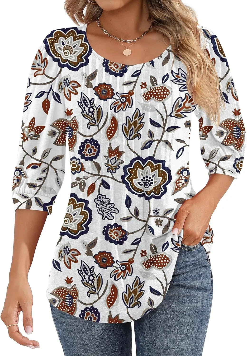 Ficerd Women's Puff 3/4 Sleeve Tops Trendy Crew Neck Tunic Top Pleated Casual Loose Dressy T Shirts Blouses