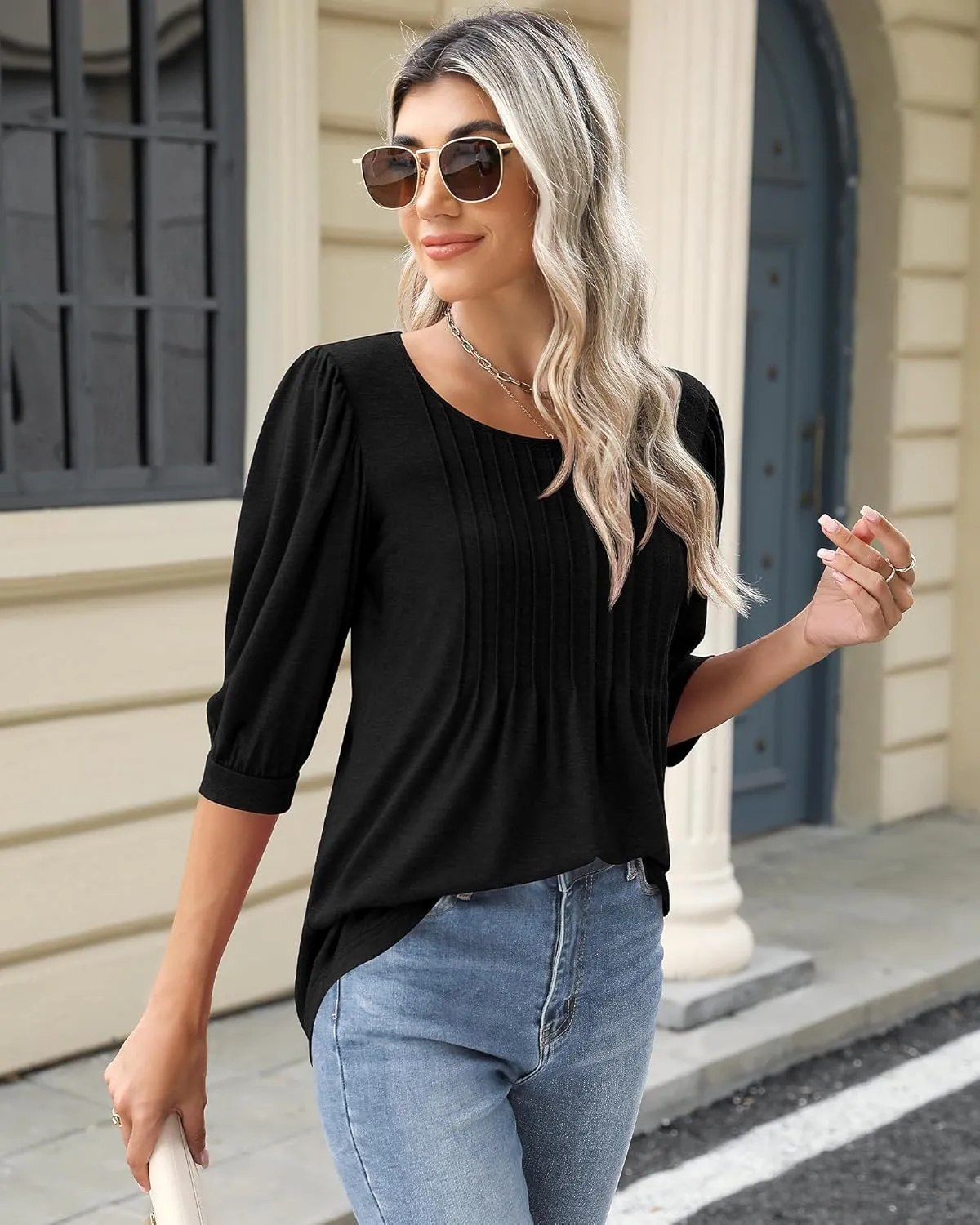Ficerd Women's Puff 3/4 Sleeve Tops Trendy Crew Neck Tunic Top Pleated Casual Loose Dressy T Shirts Blouses
