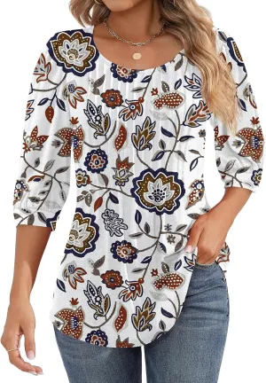 Ficerd Women's Puff 3/4 Sleeve Tops Trendy Crew Neck Tunic Top Pleated Casual Loose Dressy T Shirts Blouses