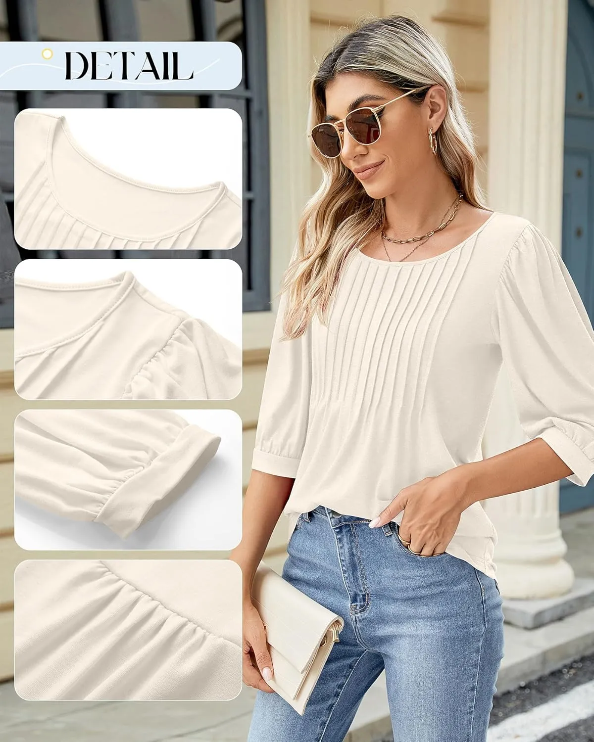 Ficerd Women's Puff 3/4 Sleeve Tops Trendy Crew Neck Tunic Top Pleated Casual Loose Dressy T Shirts Blouses